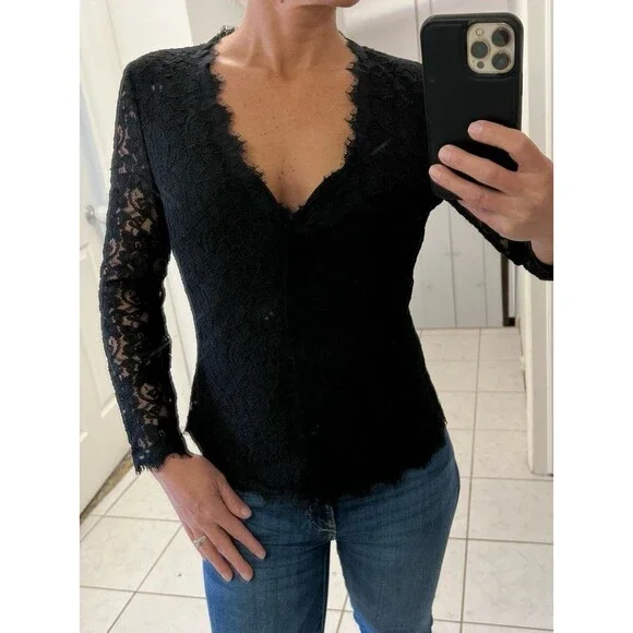 Diane von Furstenberg Shirt 6 Women Blk Lace Top ButtonUp Sheer Long Sleeve $298 - Picture 1 of 12